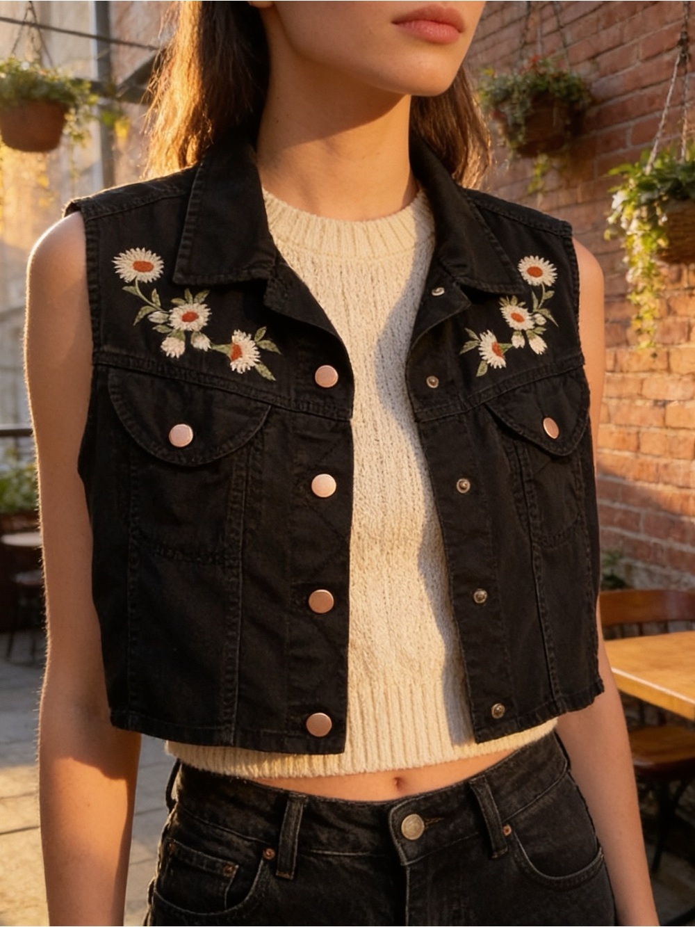 Vintage 90s Black Cropped Denim Vest - Daisy Embroidered - Y2K Western Boho